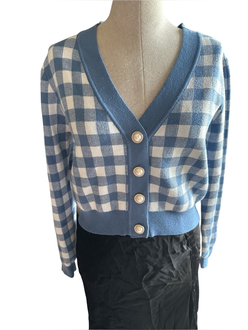 Light Blue Plaid V-Neck Button Cardigan Sweater - Women